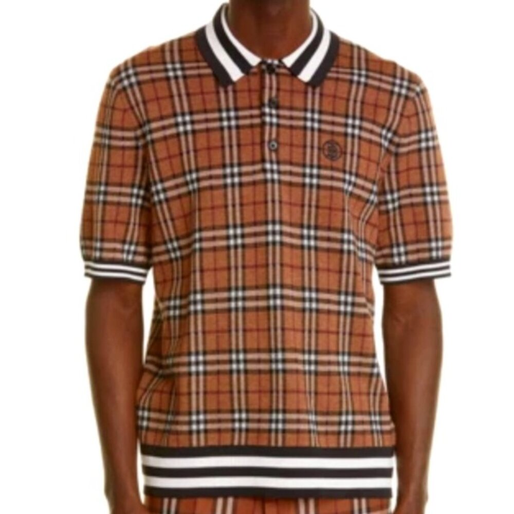 Burberry Men Makeham TB Check Jacquard Wool Polo Shirt Birch Brown Sz Large NWT!